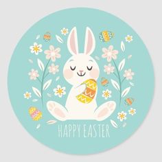 a sticker that says happy easter with an image of a bunny holding an egg