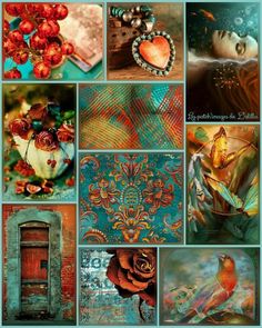 a collage of pictures with different colors and designs on them, including roses, flowers,