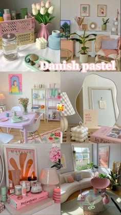 a collage of photos showing different rooms and furniture in pastel pinks, whites and greens