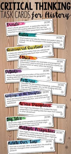 several different types of writing paper with the words, critical thinking task cards for history