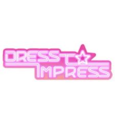 a pink sticker that says dress up impress with a star in the middle