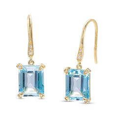 Enhance your dressy look with the eye-catching color of these stunning emerald-cut blue topaz and diamond drop earrings. Fashioned in warm 10K gold Each drop glistens with a faceted 10.0 x 8.0mm emerald-cut sky-blue topaz dangle. Diamond-touched overlays sparkle at the corners. Additional diamonds adorn the ear wire. These 1/15 ct. t.w. diamond earrings secure with French wire backs. Emerald Cut Drop Earrings, Jewelry Redesign, Spring Court, Trendy Jewellery, Aquamarine Engagement Ring, Blue Tone, Blue Topaz Earrings, Sky Blue Topaz, Topaz Earrings