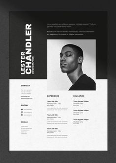 a black and white resume template with a man's face on the front page