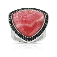 This rhodochrosite ring in the iconic Lisa Bridge shield shape, accented with black sapphires,  was inspired by the breathtaking sunsets of Hawaii. Each rhodochrosite has its own unique patterning making every ring one of a kind. In sterling silver. Matching earrings, 11647971, and necklace, 11647989. Part of the Hawaii Collection by Lisa Bridge, this piece celebrates the vibrant colors of the Hawaiian Islands, and the warm Aloha spirit. Black Sapphire Ring, Exotic Jewelry, Aloha Spirit, Black Sapphire, Hawaiian Islands, Matching Earrings, Sapphire Ring, Jewelry Shop, Diamond Jewelry