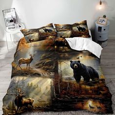 a bed with a black bear and deer in the woods on it's side