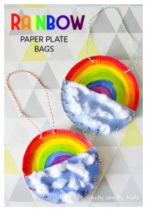 two paper plate rainbows hanging from strings on a white background with text overlay that reads, rainbow paper plate bags