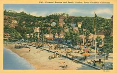 an old postcard shows people on the beach