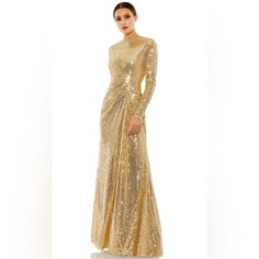 Mac Duggal Gold Sequin High Neck Draped Long Sleeve Maxi Dress New With Tags, Retails For $598 Size 12 Style: 10824 Color: Gold Fabric Has Stretch Hand-Sequined Fabric High Round Neckline Floor-Grazing Skirt Inset Waist Detail Sleeves Feature Hidden Zippers Concealed Back Zipper High Neckline Measurements Laying Flat: Chest: 20" Waist: 16.75" Hips: 22.5" Length: 61.5" Fast Shipping! Designer, Gown, Formal, Red Carpet, Sexy, Glam, Glamorous, Old Hollywood, Celebrity, Metallic, Wedding Guest Gold Ruched Dress, Mac Duggal, Gold Sequin, Gold Fabric, Ruched Dress, High Neckline, Long Sleeve Maxi Dress, Round Neckline, Old Hollywood