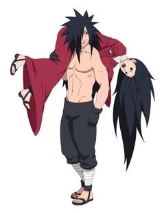 an anime character with black hair and no shirt, holding onto another character's head