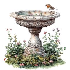 a bird is sitting on the edge of a water fountain surrounded by flowers and greenery