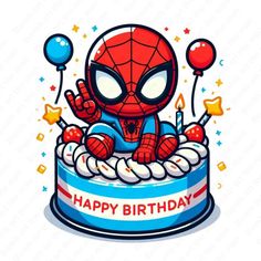 a spiderman birthday cake with balloons and stars on it, says happy birthday to you