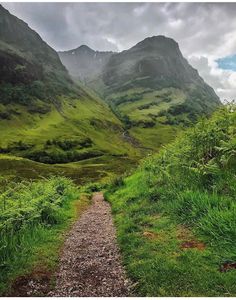 a path in the middle of a lush green valley with mountains in the background on a cloudy day