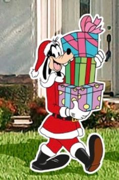 a cartoon character carrying a large stack of presents in front of a house on christmas day