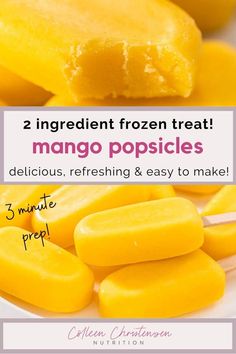 two ingredient frozen treat mango popsicles on a white plate with 3 minute prep time