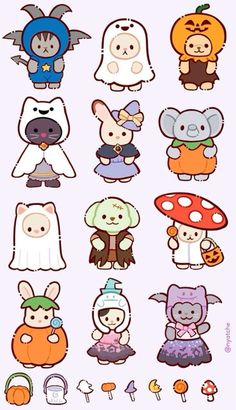 some cute little cartoon characters with pumpkins and ghost faces on them, all in different colors