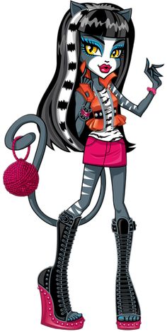 a cartoon cat girl with long hair and boots holding a handbag in her right hand