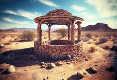 an old stone gazebo in the desert with rocks around it and mountains in the background