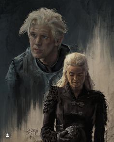 two people standing next to each other in front of a dark background with the words game of thrones written on it