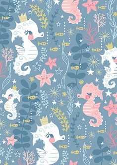 a blue background with seahorses and starfish on the bottom, in pastel colors