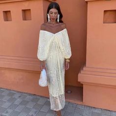 Midi Dresses Sheer White Dress, Off Shoulder Long Dress, Long Dresses Elegant, Banquet Dresses, Sequin Sleeve, Evening Dresses With Sleeves, Lantern Sleeve Dress, Loose Outfit, Lace Midi