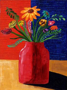 a painting of flowers in a red vase