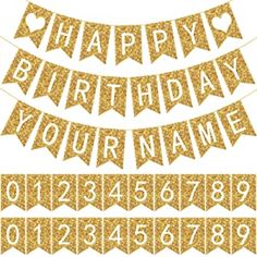 gold glitter happy birthday banner with numbers