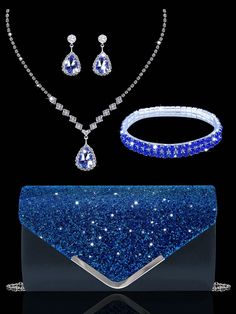 Women's Rhinestone Evening Clutch, Set Of 4 Rhinestone Ear Clips Bridal Wedding Choker Bracelet Pendant, Sparkling Purse, Perfect For Party, Wedding, Prom, Dinner/Banquet, Wedding Dress, Formal Wear, Prom Dress, Birthday Dress Navy Blue Glamorous   Glitter Plain,All Over Print Evening Bag & Jewelry Set   Women Bags, size features are:Bust: ,Length: ,Sleeve Length: