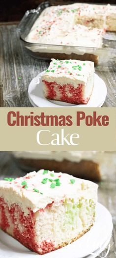 christmas poke cake with frosting and sprinkles on top, sitting on a white plate