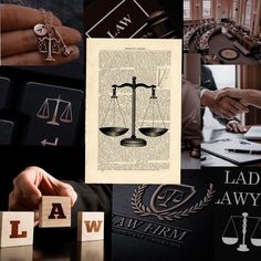 a collage of law related images including books, letters and an image of a judge's hammer