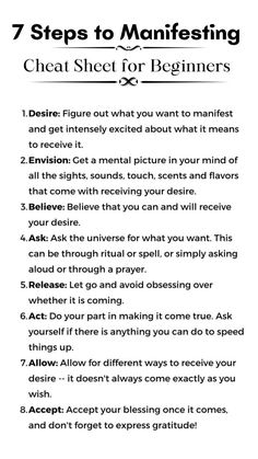 7 Steps for Manifestation Cheat Sheet for Beginners | Here are some steps on how to manifest faster and effectively. #manifestation #manifest #manifestmoney #manifestwealth Easy Manifesting Methods, How To Manifest For Beginners, How To Manifest Scripting, Manifesting Dos And Donts, How Do You Manifest, How To Manifest Success, How To Manifest Quickly, How To Manifest An Apartment, Law Of Assumption Cheat Sheet