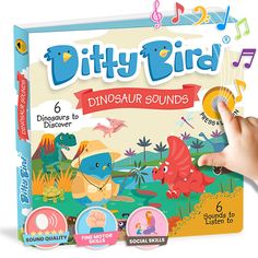 the ditty bird dinosaur sounds board game is being held by a child's hand