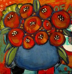 a painting of red flowers in a blue vase