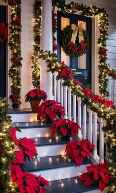 christmas decorations and poinsettis are on the front steps of a house with lights