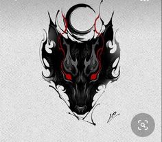 a black wolf with red eyes and flames on it's face, in the shape of a crescent