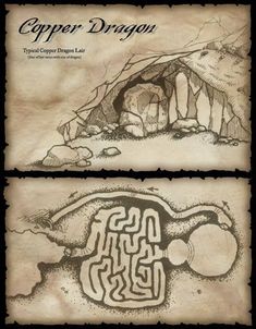 two old paper designs with an image of a cave and the words copper dragon on them