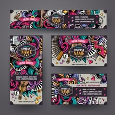 a set of three business cards with colorful doodles and music instruments on the front