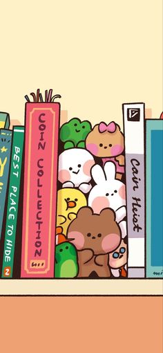 there is a book shelf with many books on it and some stuffed animals next to them