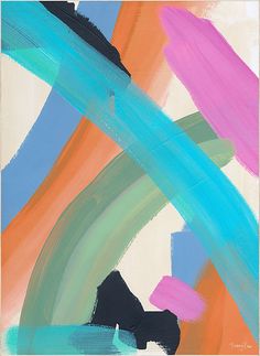 an abstract painting with blue, pink, and green colors