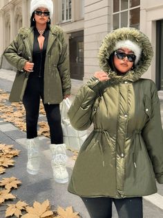 Plus Size Women's Casual Solid Color Drawstring Waist Faux Fur Collar Hooded Padded Coat For Winter Army Green Casual  Long Sleeve Woven Fabric Plain Parka Non-Stretch  Women Plus Clothing, size features are:Bust: ,Length: ,Sleeve Length: Parker Coat, Coat For Winter, Clothes Rail, Padded Coat, Neutral Fashion, Faux Fur Collar, Inspiration Mode, Clothing Rack, Fur Collar