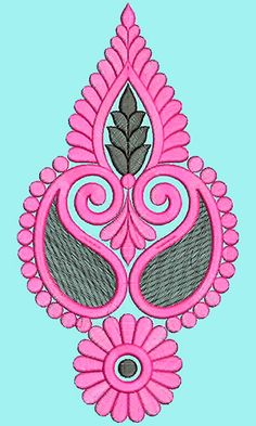 an embroidery design with pink flowers and leaves on a light blue background in the shape of a flower