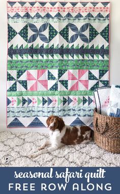 a dog laying on the floor next to a quilt