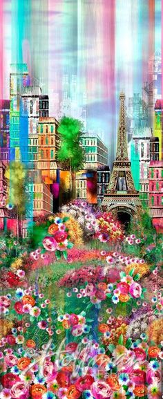 the eiffel tower in paris is surrounded by many colorful flowers and buildings, as well as trees