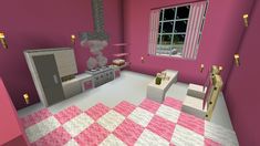 a room with pink walls and flooring in the shape of checkerboard tiles