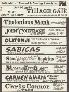 an old concert poster with the names and dates for various acts in black and white