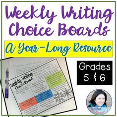 a poster with the words, weekly writing choice boards and a photo of a woman