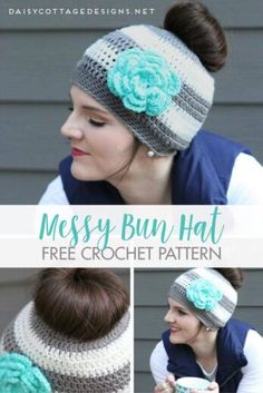 a woman wearing a crochet headband with flowers on it and text that reads messy bun hat free crochet pattern