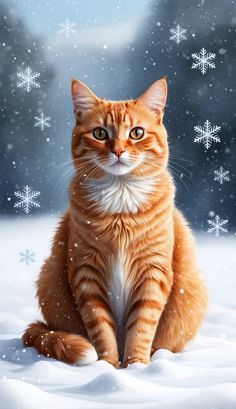 an orange cat sitting in the snow with white snowflakes on it's back