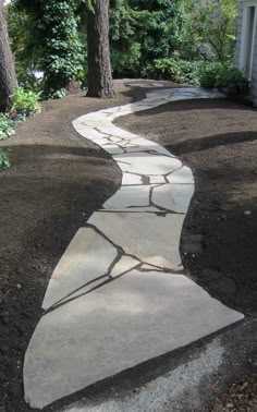 a stone path in the middle of a yard