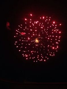 fireworks are lit up in the dark sky with red and yellow lights on it's side