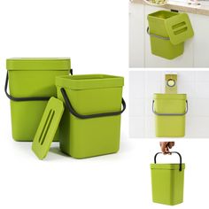 four different pictures of green trash cans with handles